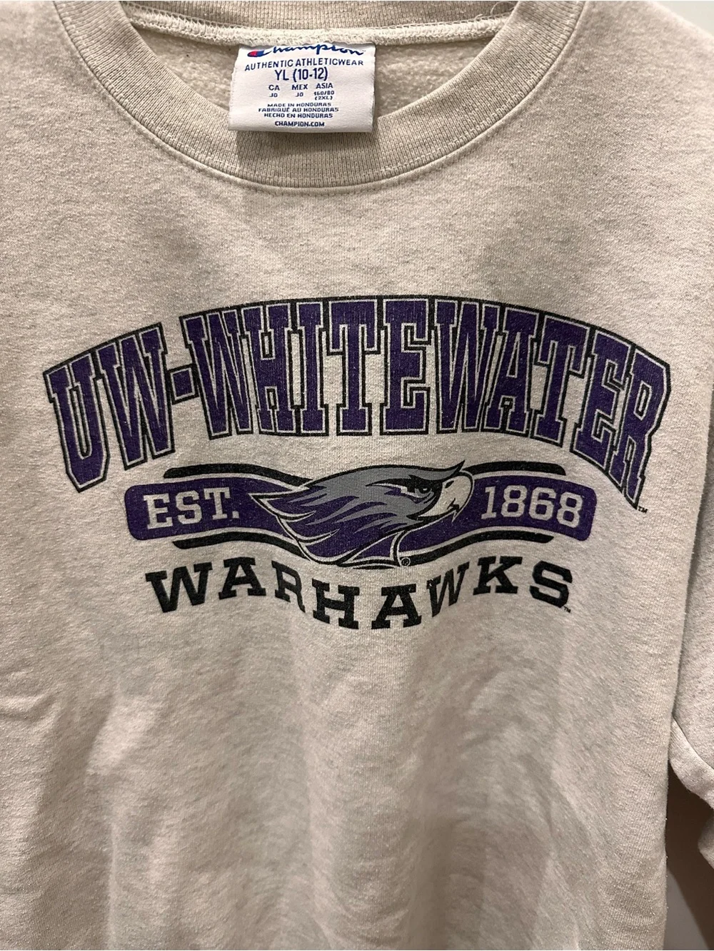Champion Cream Crewneck Sweatshirt with Purple & Black UW-Whitewater Graphic